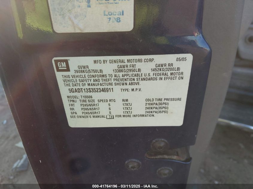 2005 Buick Rainier Cxl VIN: 5GADT13S352346911 Lot: 41764196