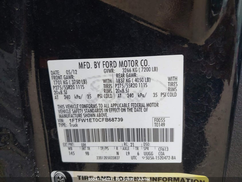2012 FORD F-150 VIN: 1FTFW1ET0CFB68739