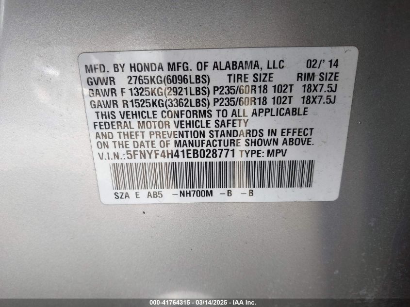 2014 Honda Pilot Ex VIN: 5FNYF4H41EB028771 Lot: 41764315