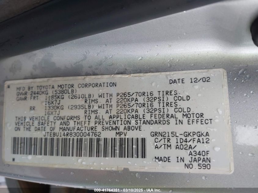 2003 Toyota 4Runner Sr5 V6 VIN: JTEBU14R830004762 Lot: 41764351