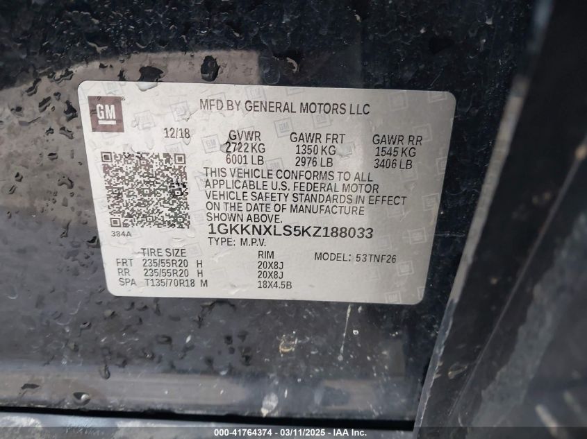 2019 GMC Acadia Denali VIN: 1GKKNXLS5KZ188033 Lot: 41764374