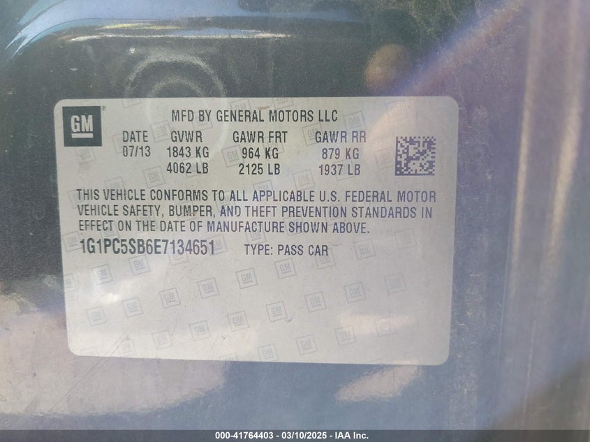 2014 CHEVROLET CRUZE VIN: 1G1PC5SB6E7134651