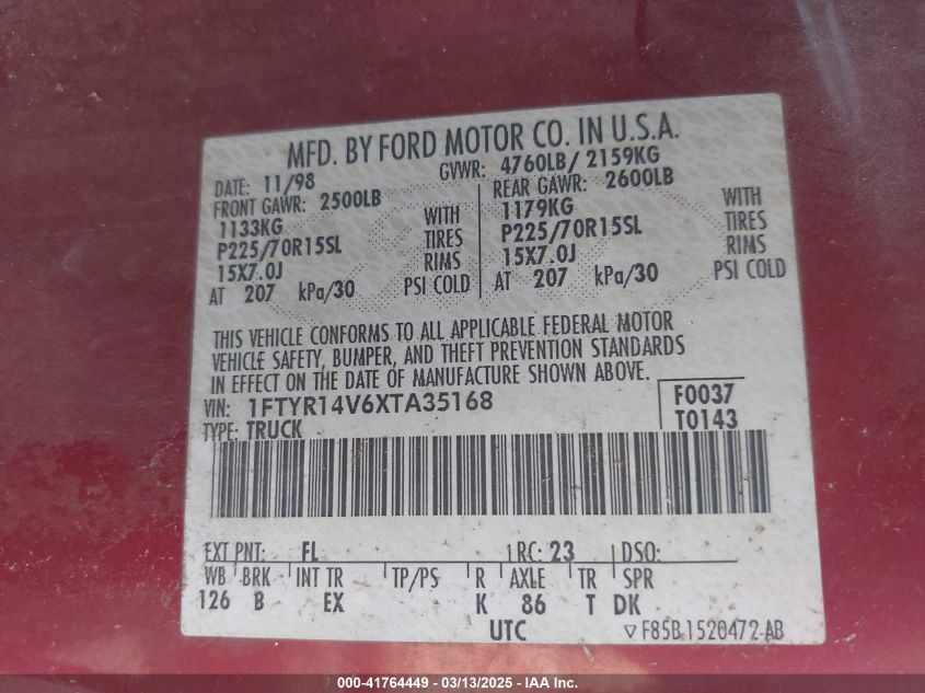 1999 Ford Ranger Xl/Xlt VIN: 1FTYR14V6XTA35168 Lot: 41764449