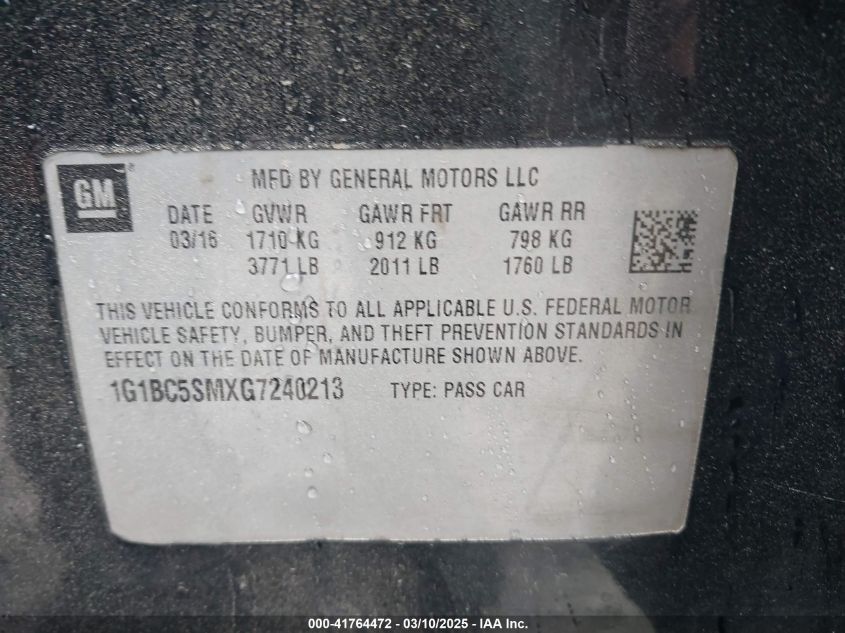 2016 Chevrolet Cruze Ls Auto VIN: 1G1BC5SMXG7240213 Lot: 41764472