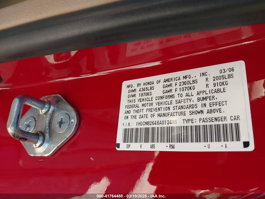 2006 HONDA ACCORD VIN: 1HGCM82646A012481