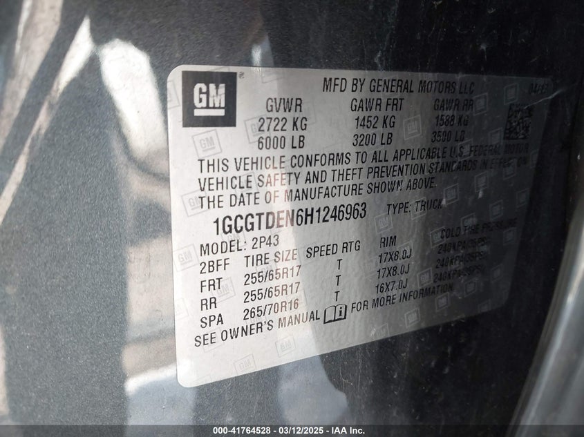 VIN 1GCGTDEN6H1246963 2017 CHEVROLET COLORADO Z71