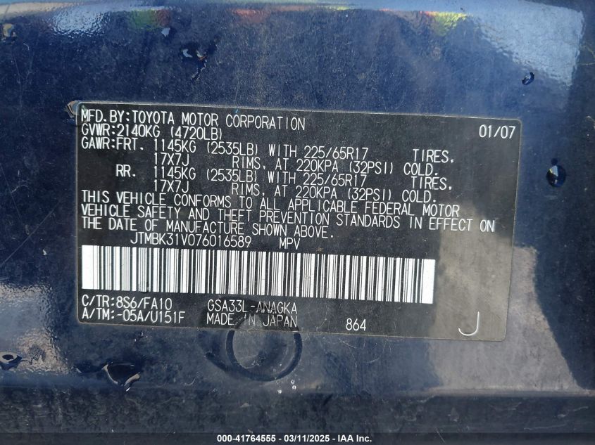 2007 Toyota Rav4 Limited V6 VIN: JTMBK31V076016589 Lot: 41764555