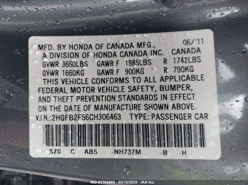 2012 Honda Civic VIN: 2HGF2FB56CH306463 Lot: 41764569