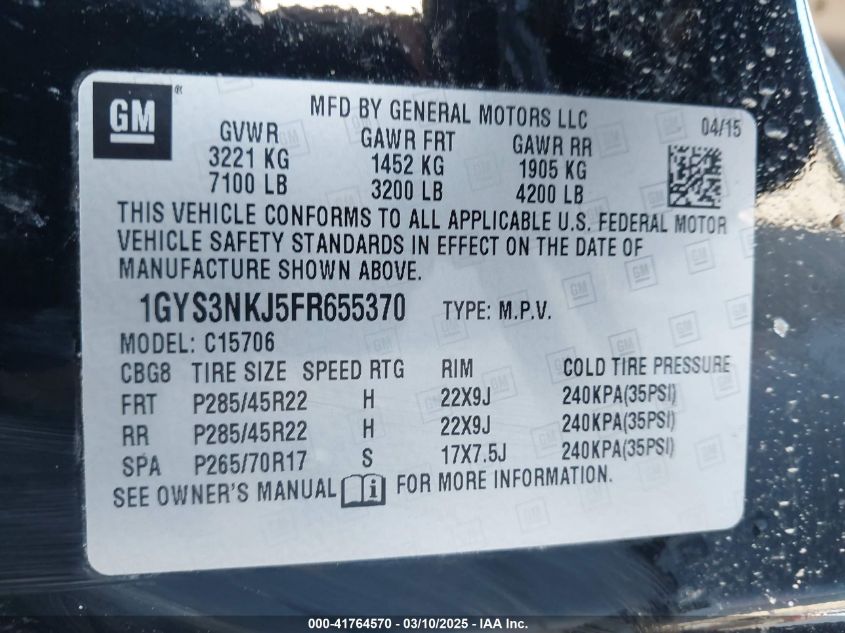 2015 Cadillac Escalade Premium VIN: 1GYS3NKJ5FR655370 Lot: 41764570