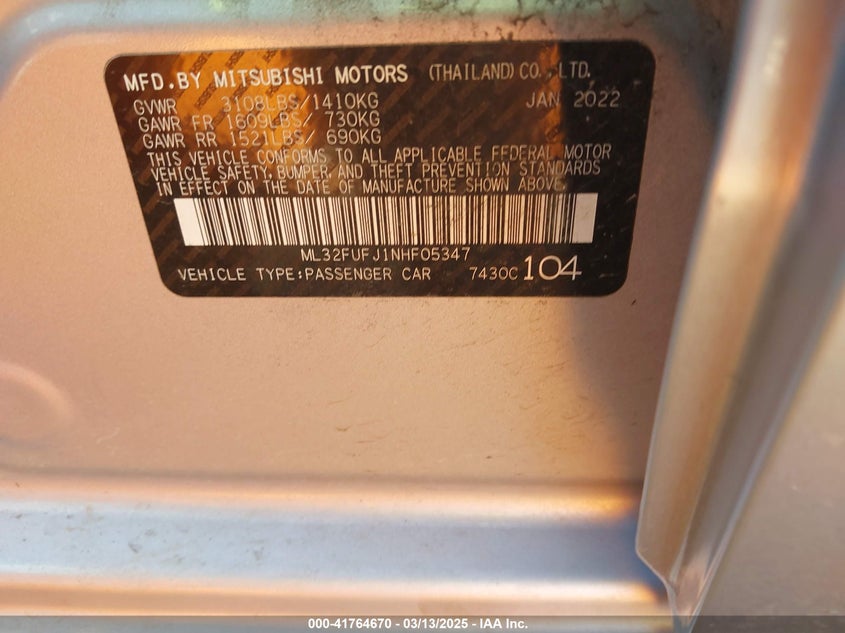 2022 MITSUBISHI MIRAGE G4 VIN: ML32FUFJ1NHF05347
