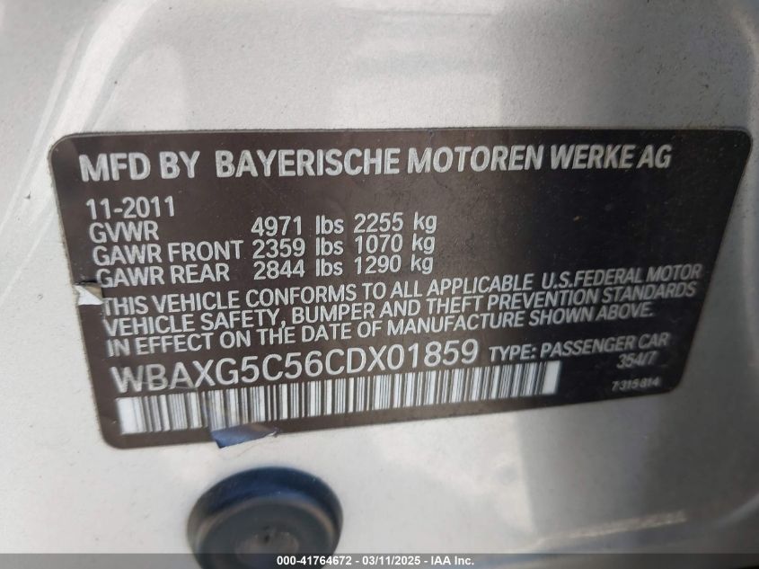 2012 BMW 528I VIN: WBAXG5C56CDX01859 Lot: 41764672