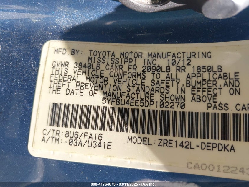 2013 TOYOTA COROLLA VIN: 5YFBU4EE5DP102270