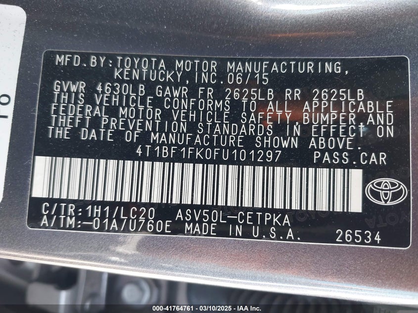 2015 TOYOTA CAMRY VIN: 4T1BF1FK0FU101297