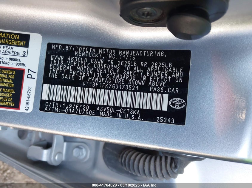 2016 TOYOTA CAMRY VIN: 4T1BF1FK7GU173521