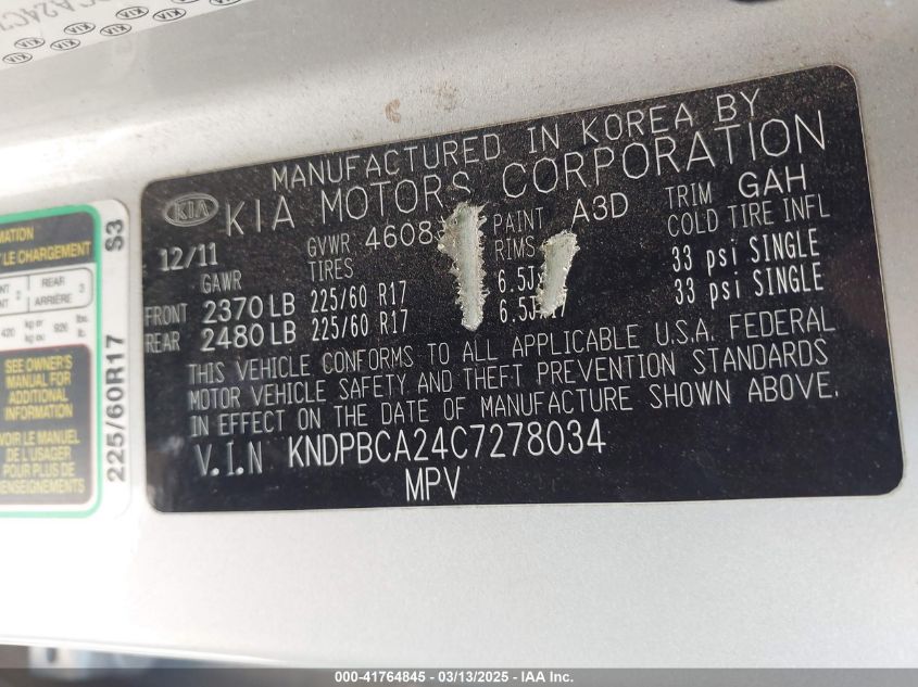 2012 Kia Sportage Lx VIN: KNDPBCA24C7278034 Lot: 41764845