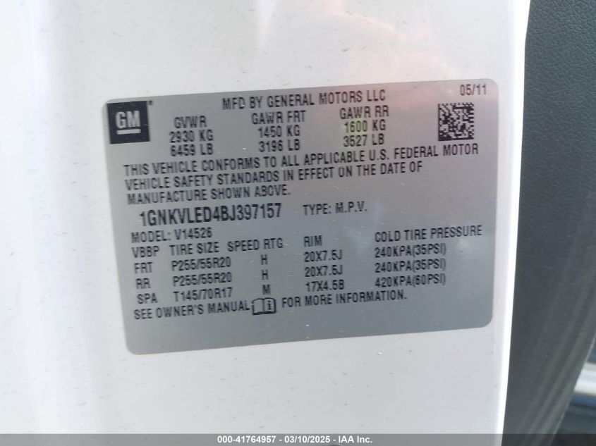 2011 Chevrolet Traverse Ltz VIN: 1GNKVLED4BJ397157 Lot: 41764957