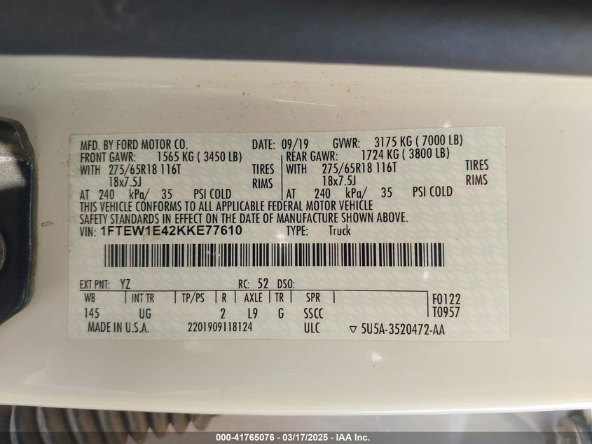 2019 FORD F-150 VIN: 1FTEW1E42KKE77610