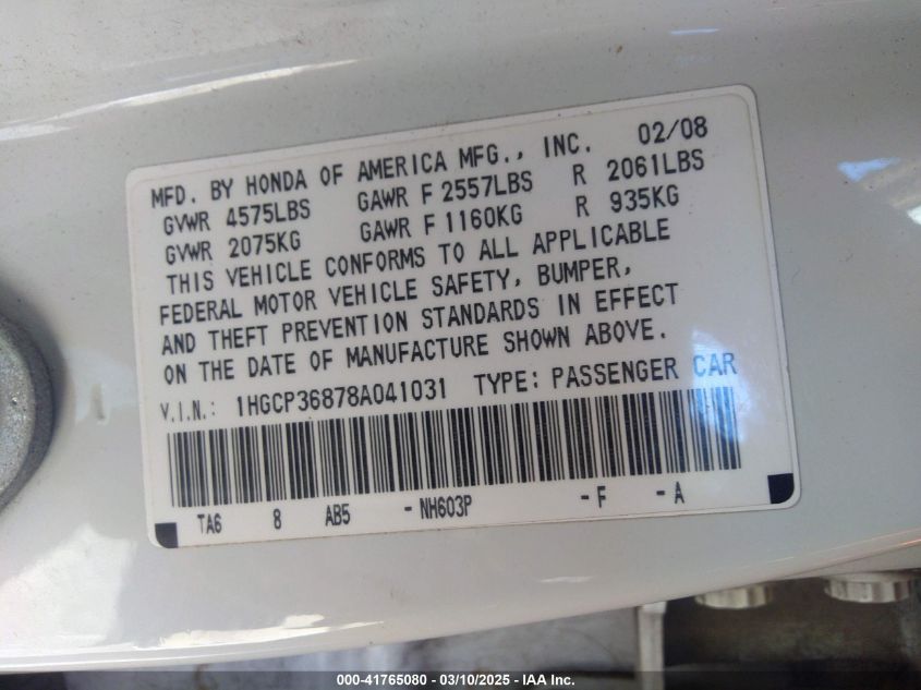 2008 Honda Accord 3.5 Ex-L VIN: 1HGCP36878A041031 Lot: 41765080