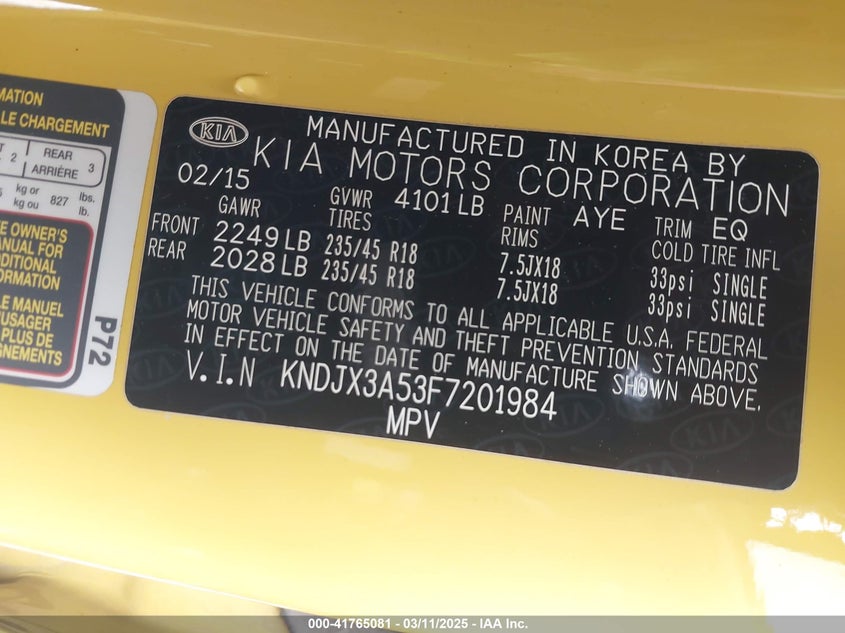 2015 KIA SOUL VIN: KNDJX3A53F7201984
