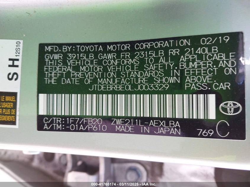 2020 TOYOTA COROLLA VIN: JTDEBRBE0LJ003329