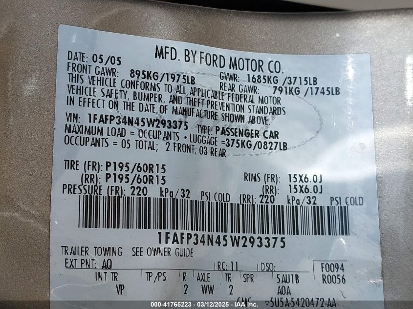 2005 Ford Focus Zx4 VIN: 1FAFP34N45W293375 Lot: 41765223