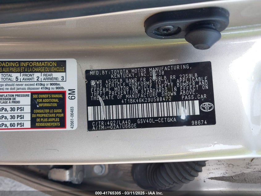 2009 TOYOTA CAMRY VIN: 4T1BK46K29U588472