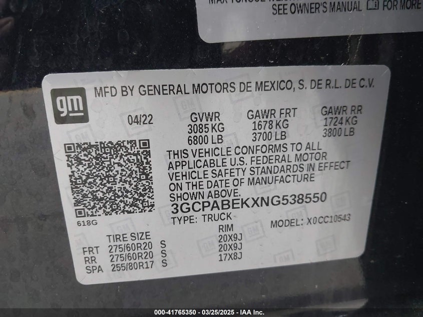 2022 CHEVROLET SILVERADO 1500 2.7L I-4 DI, DOHC, V(VIN: 3GCPABEKXNG538550