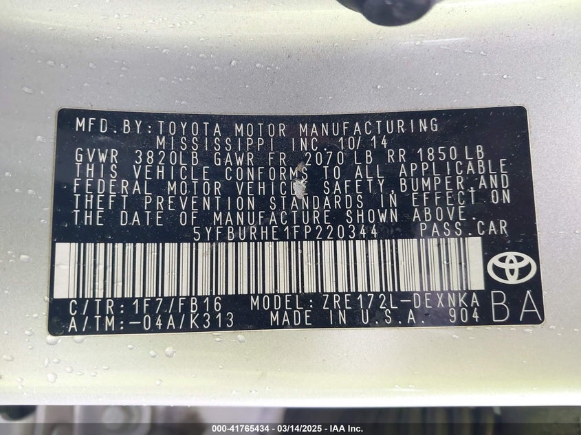 2015 TOYOTA COROLLA VIN: 5YFBURHE1FP220344