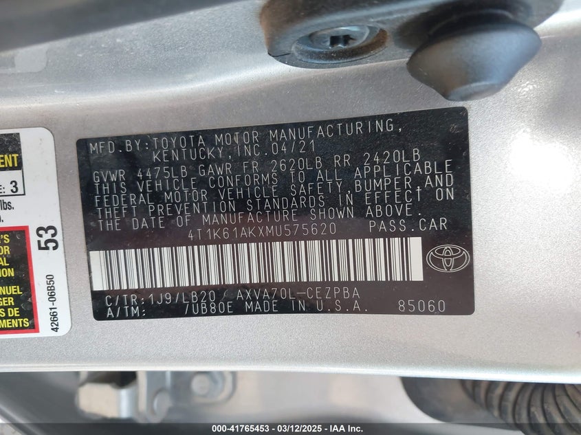 2021 TOYOTA CAMRY VIN: 4T1K61AKXMU575620