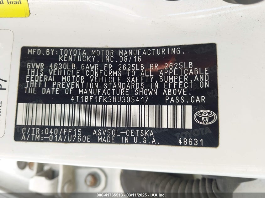 2017 TOYOTA CAMRY VIN: 4T1BF1FK3HU305417