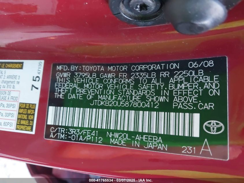 2008 Toyota Prius VIN: JTDKB20U587800412 Lot: 41765534