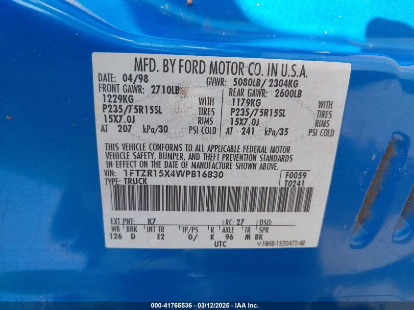 1998 Ford Ranger Splash/Xl/Xlt VIN: 1FTZR15X4WPB16830 Lot: 41765536