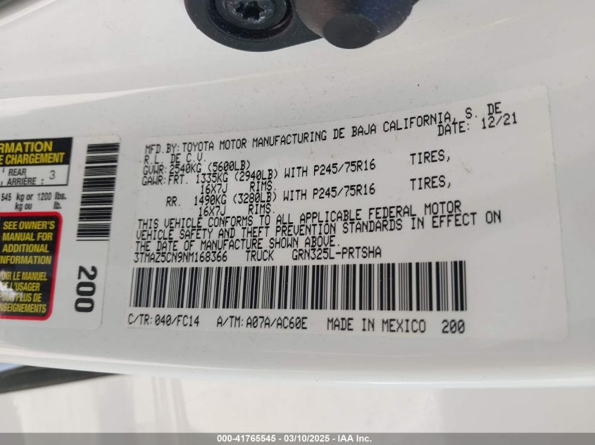 2022 Toyota Tacoma Sr5 V6/Trd Off Road/Trd Sport VIN: 3TMAZ5CN9NM16836 Lot: 41765545