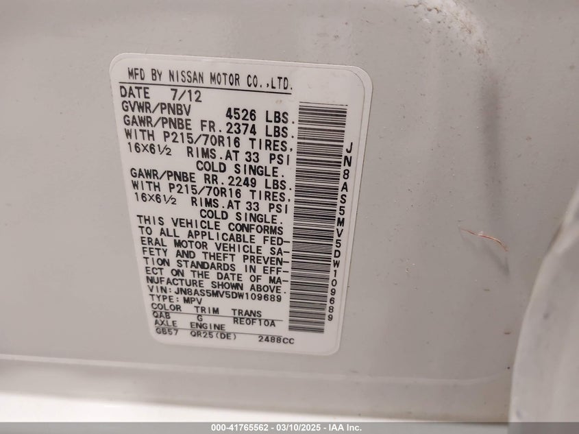 2013 NISSAN ROGUE VIN: JN8AS5MV5DW109689