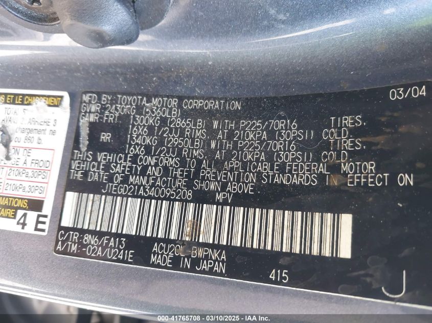 2004 Toyota Highlander VIN: JTEGD21A340095208 Lot: 41765708