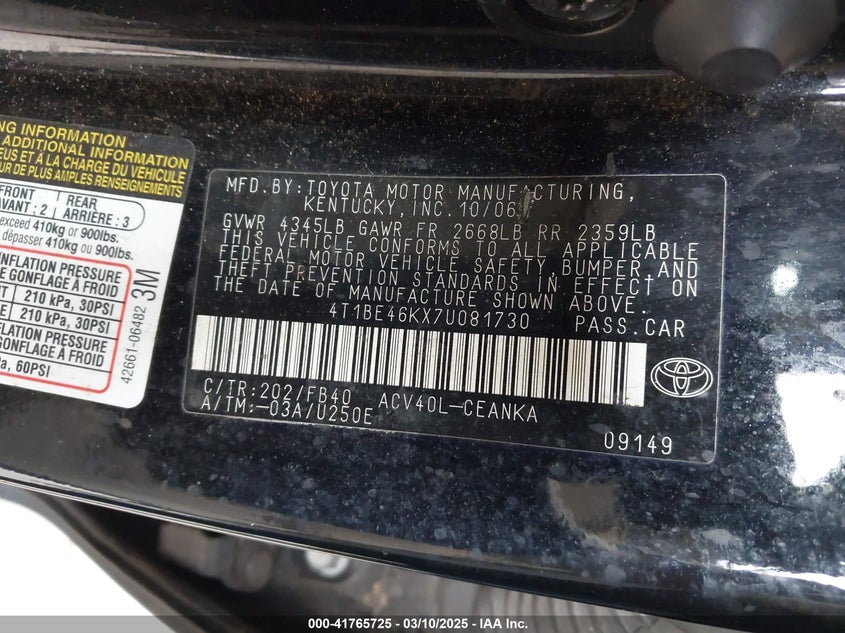 2007 TOYOTA CAMRY VIN: 4T1BE46KX7U081730