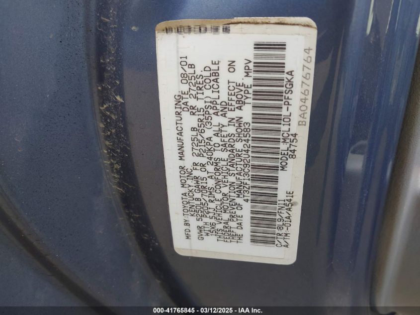 2002 Toyota Sienna Le VIN: 4T3ZF13C92U424583 Lot: 41765845