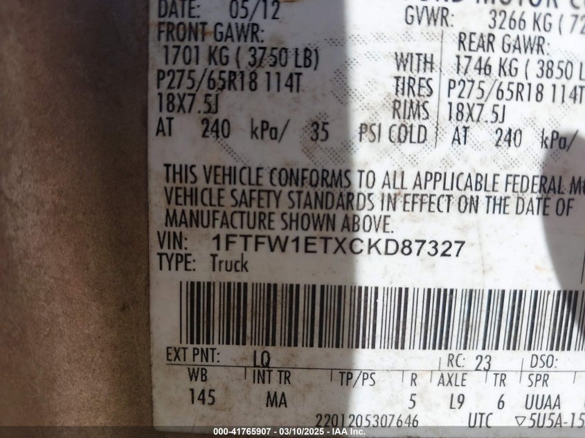 2012 FORD F-150 VIN: 1FTFW1ETXCKD87327