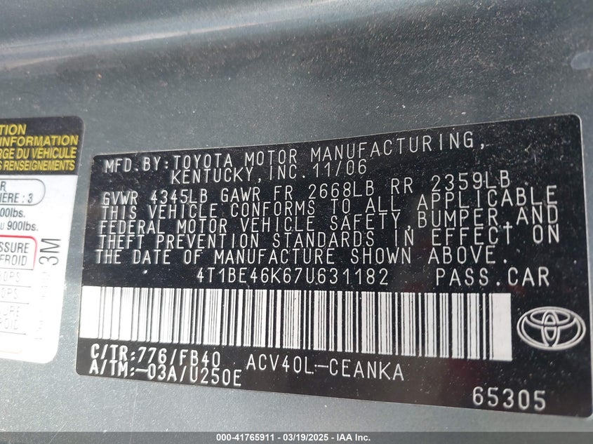 2007 TOYOTA CAMRY VIN: 4T1BE46K67U631182