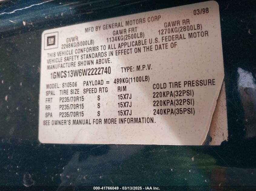 1998 Chevrolet Blazer Ls VIN: 1GNCS13W6W2222740 Lot: 41766049