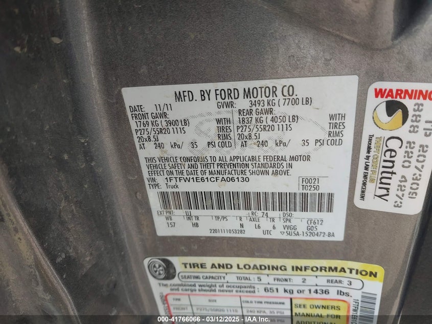 2012 FORD F-150 VIN: 1FTFW1E61CFA06130