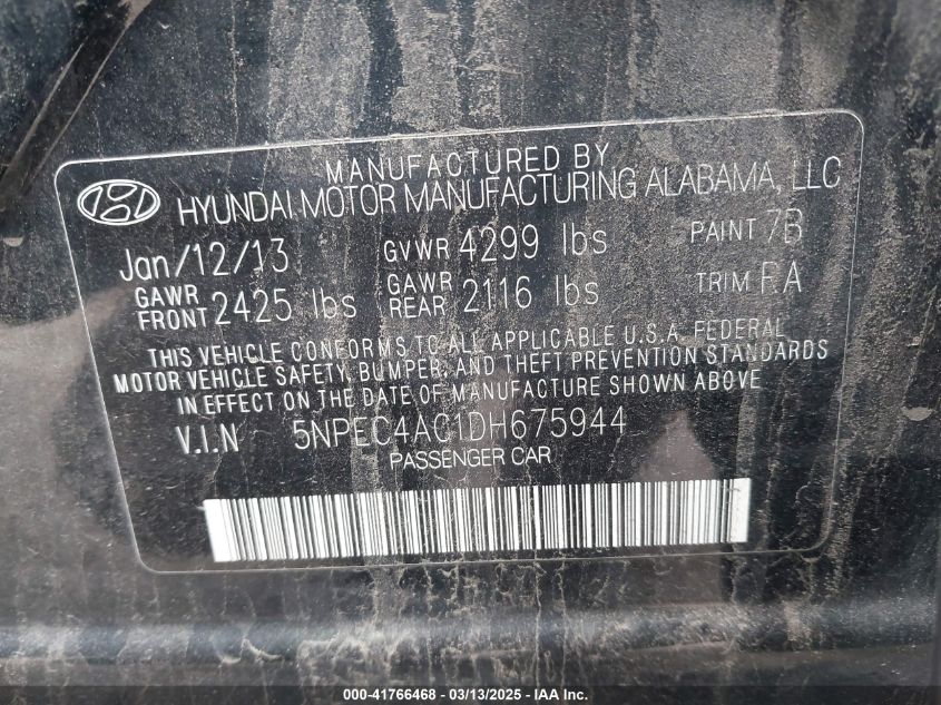 2013 Hyundai Sonata Limited VIN: 5NPEC4AC1DH675944 Lot: 41766468