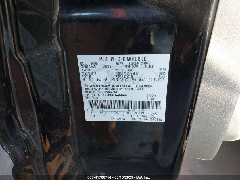 2006 Ford F-150 Stx/Xl/Xlt VIN: 1FTRF12286NA46844 Lot: 41766714