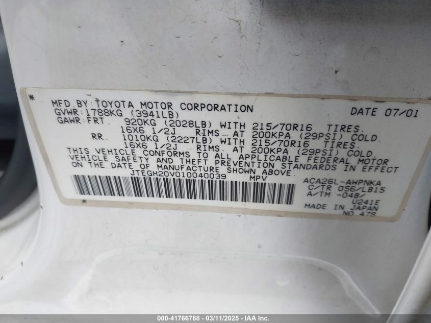 2001 Toyota Rav4 VIN: JTEGH20V010040039 Lot: 41766788