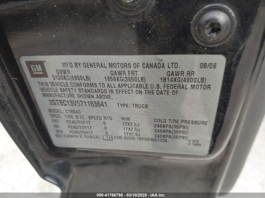 2007 GMC Sierra 1500 Classic Sl VIN: 2GTEC13V571163641 Lot: 41766795