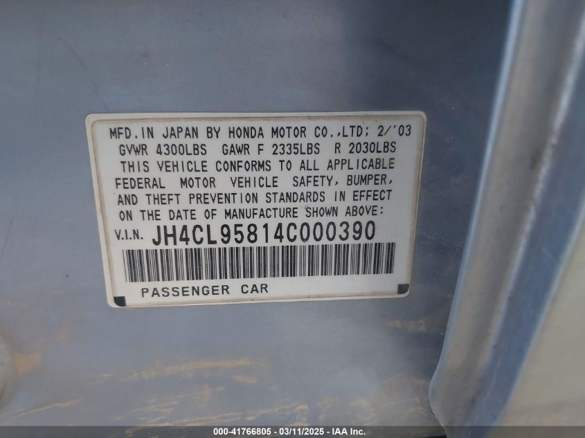 2004 Acura Tsx VIN: JH4CL95814C000390 Lot: 41766805