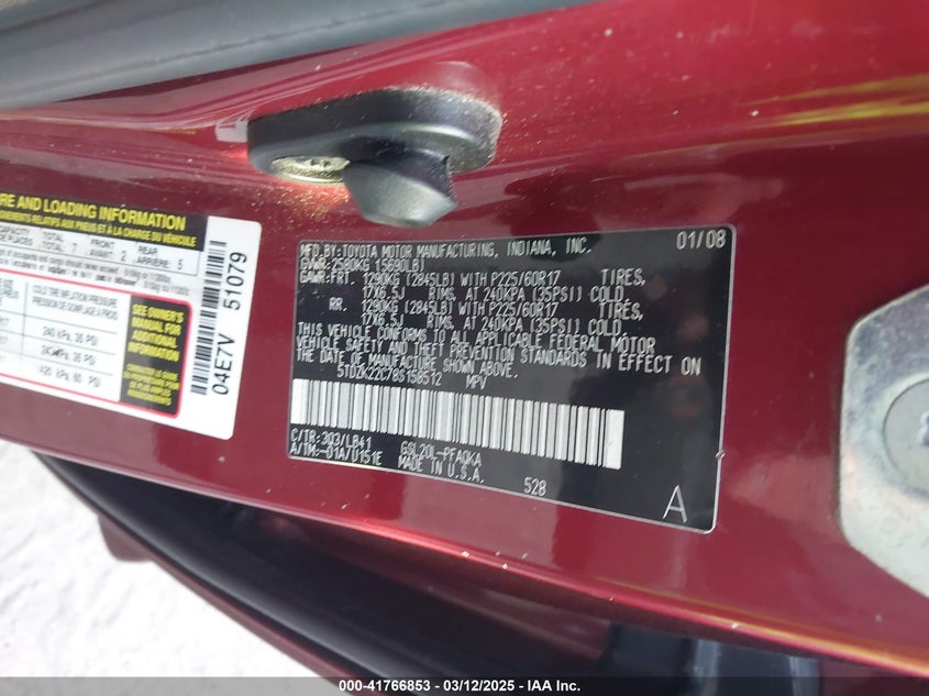 2008 TOYOTA SIENNA VIN: 5TDZK22C78S158512