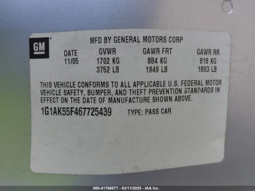 2006 CHEVROLET COBALT VIN: 1G1AK55F467725439