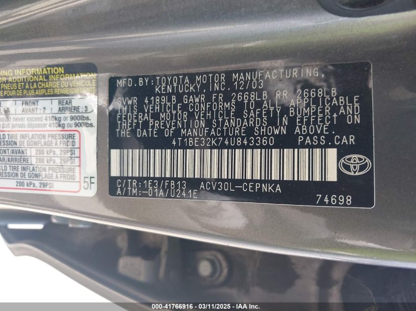 2004 Toyota Camry Le VIN: 4T1BE32K74U843360 Lot: 41766916