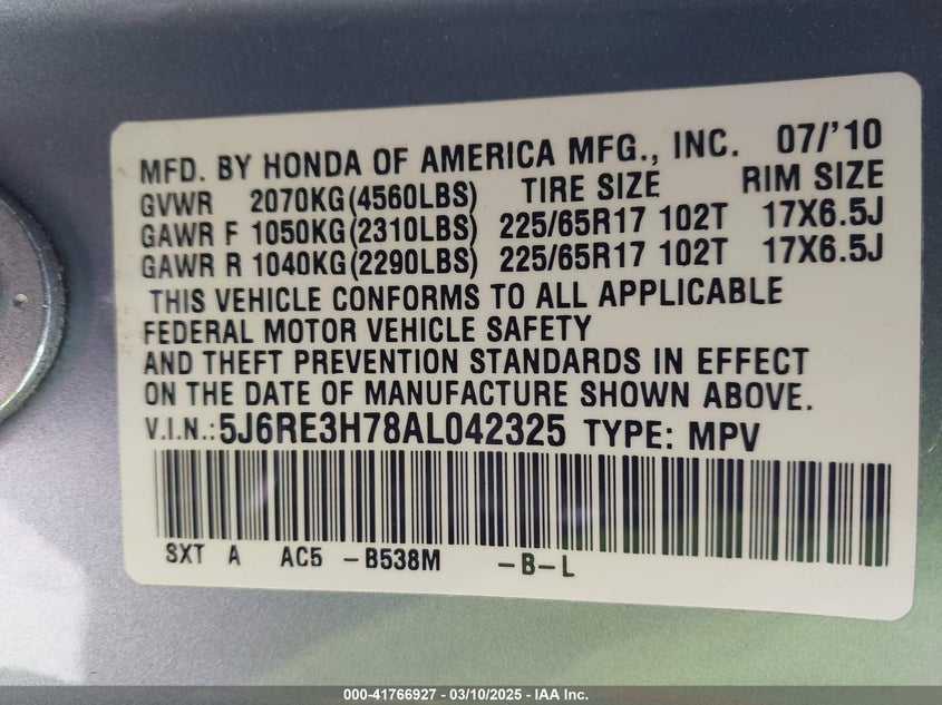 2010 HONDA CR-V VIN: 5J6RE3H78AL042325